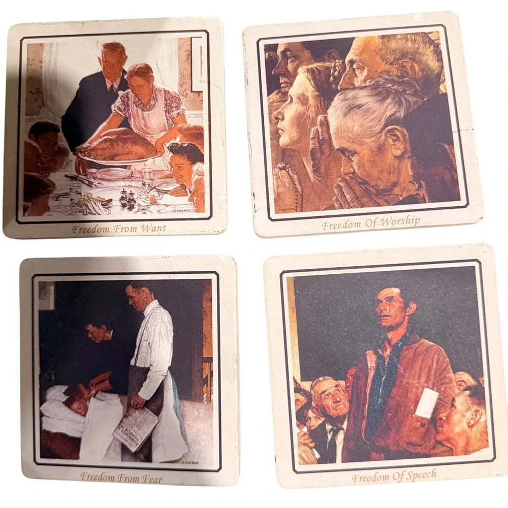 Norman Rockwell Four Freedoms Ceramic Coasters Set 4 Unisex Cream Americana Art